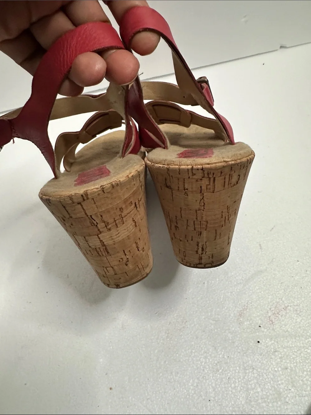 Kork-Ease Della Red Leather cork wedge Ankle-Strap Sandals with Buckle size 11